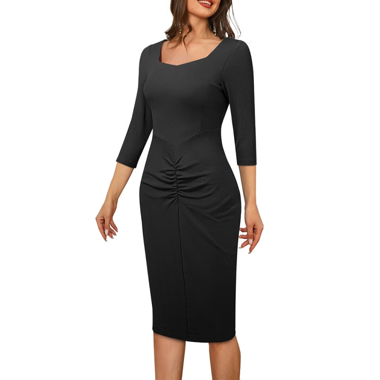 BamBam Career Ladies Square Neck 3/4 Sleeve Patchwork Ruched Tight Fitting Midi Dress - BamBam