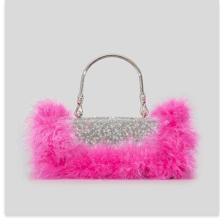 BamBam Ostrich hair rhinestone bag female mink hair inlaid diamond dinner bag full of diamonds shoulder Messenger bag - BamBam