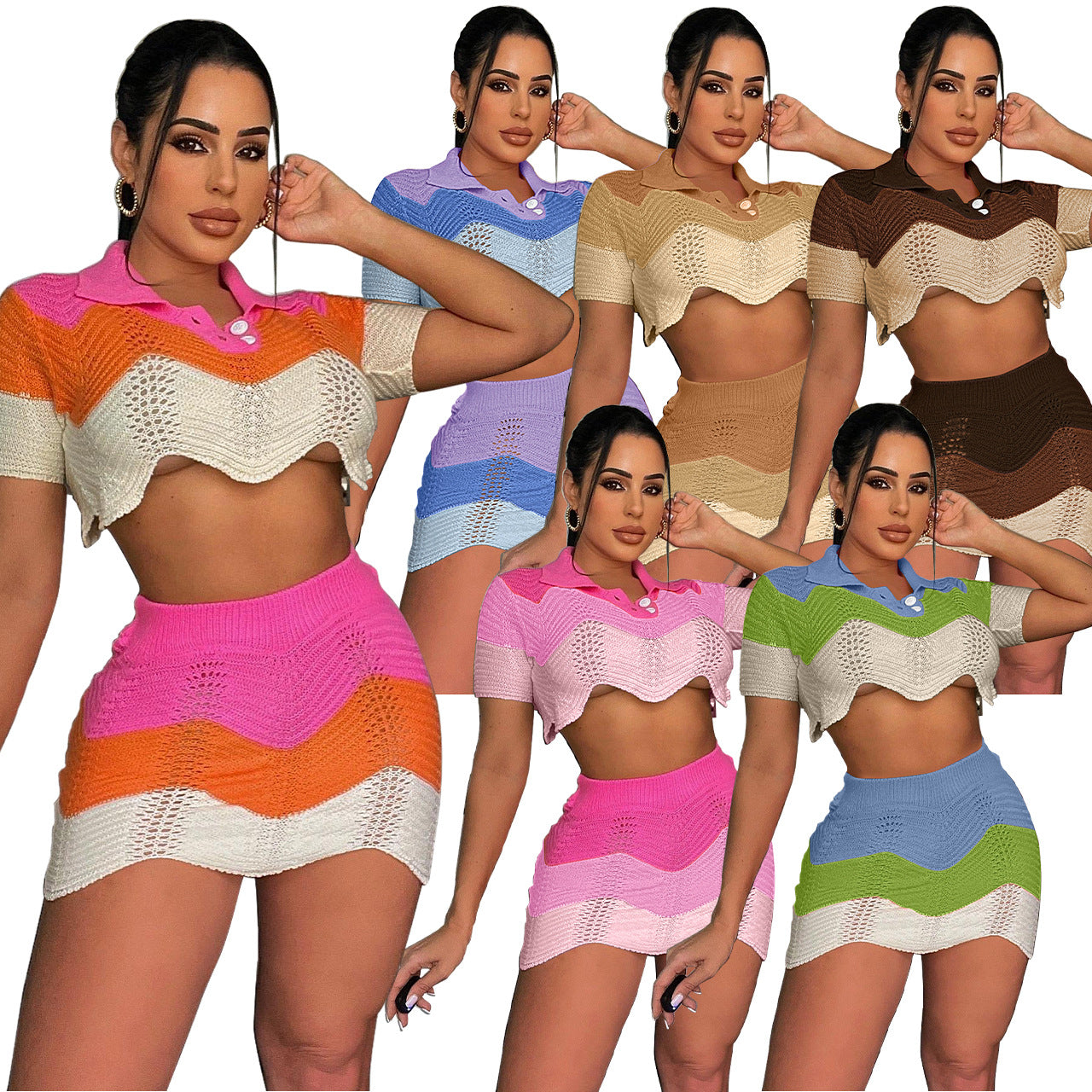 BamBam Women Kintting Colorblock Crop Top and Skrit Two-piece Set - BamBam