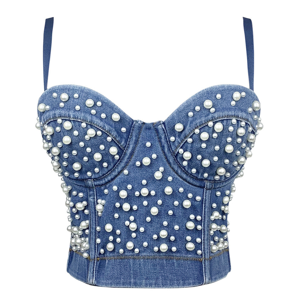 BamBam Women Camisole Pearl Fitted Sexy Denim Bra Vest Shaping Corset Top - BamBam