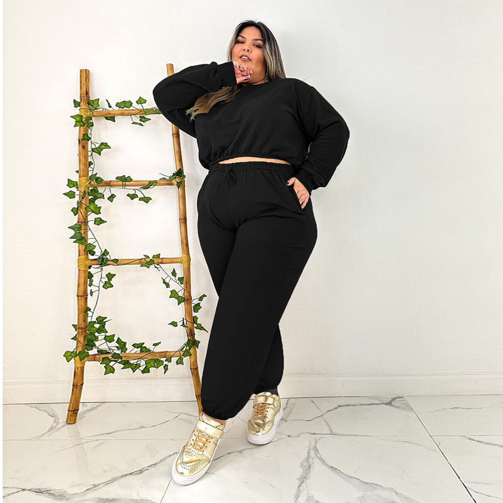 BamBam Plus Size Women Solid Hoodies and Pant Sport Casual Two-Piece Set - BamBam