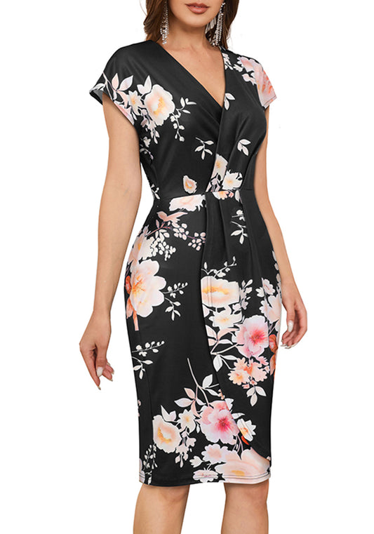 Women V-Neck Short Sleeve Pleated Floral Bodycon Dress