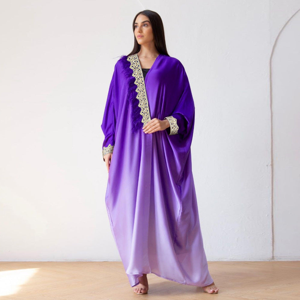 BamBam Fashion Feather Feature Web Bat Sleeves Ombre Dress Muslim - BamBam