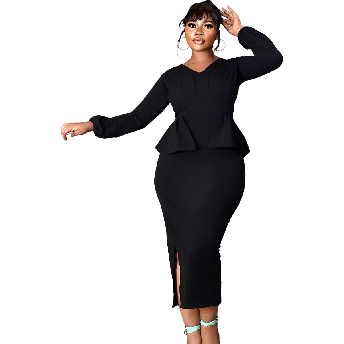 BamBam Women Long Sleeve V Neck Slit Dress - BamBam