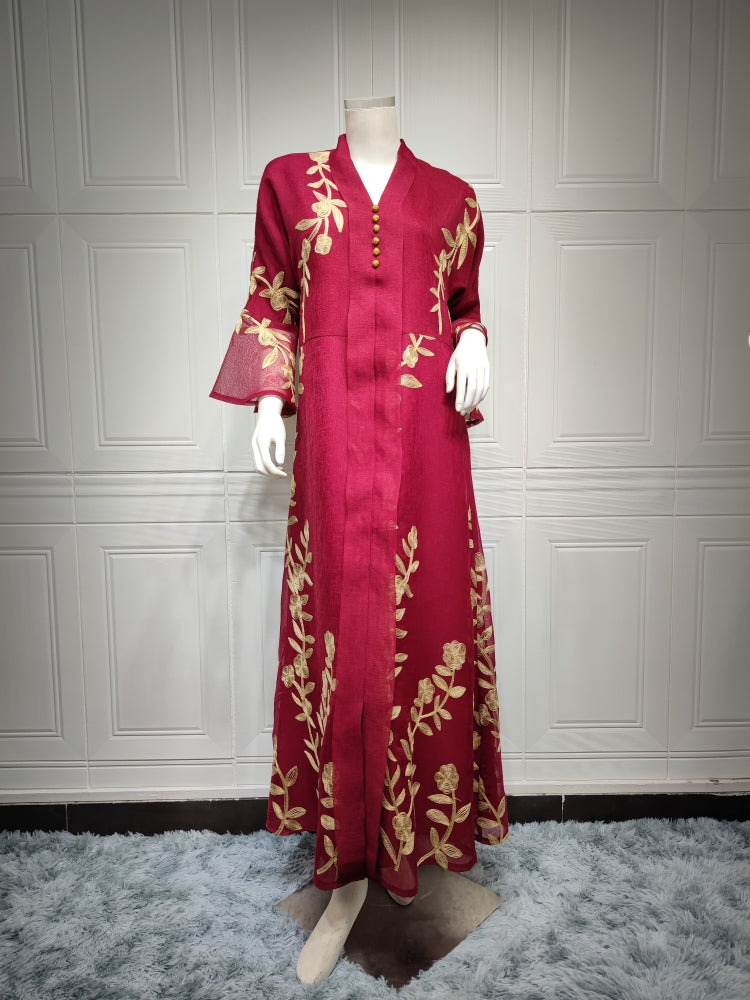 BamBam Women Summer Red Arab Dubai Middle East Turkey Morocco Floral Print Sequined Islamic Clothing Kaftan Abaya Muslim Dress - BamBam