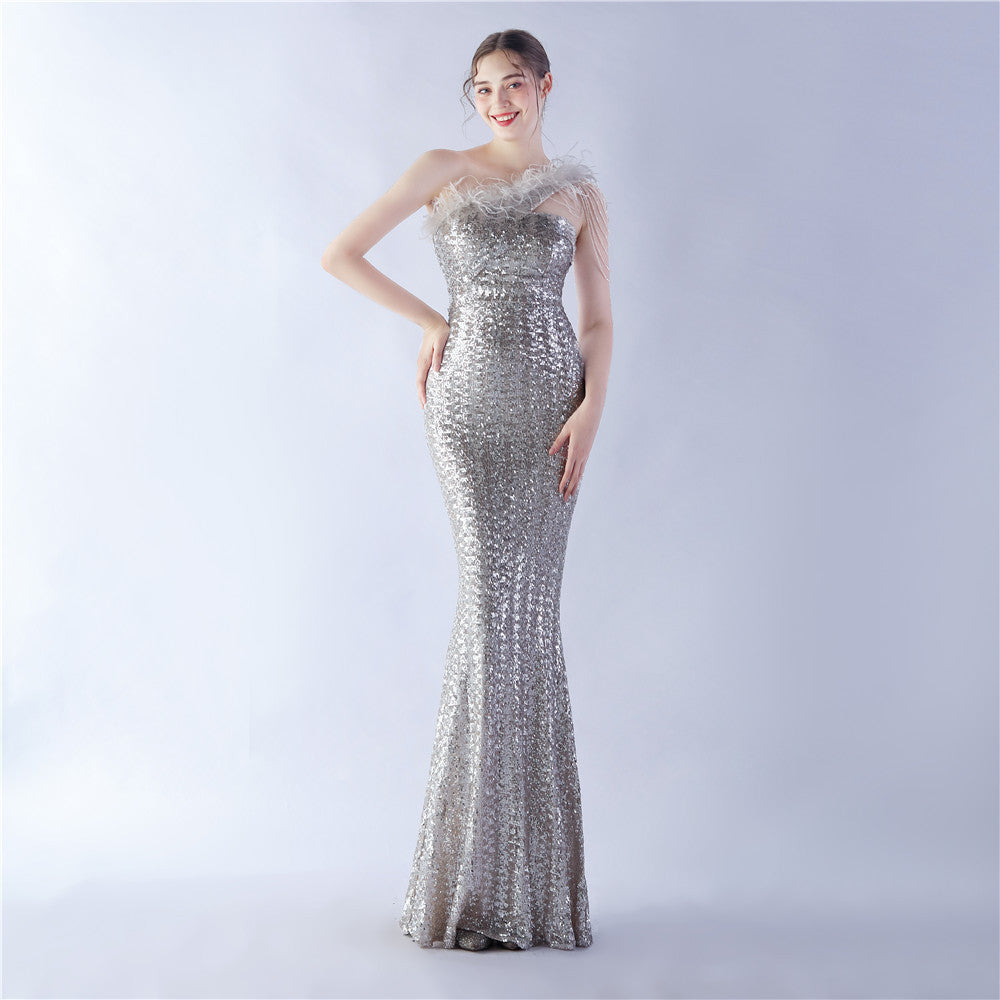 BamBam Women Ostrich Feather Beads Symphony Sequins Formal Party Evening Dress - BamBam Clothing
