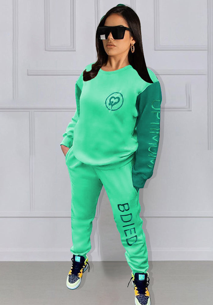 Women's Style Color Block Letter Embroidered Round Neck Two Piece Tracksuit