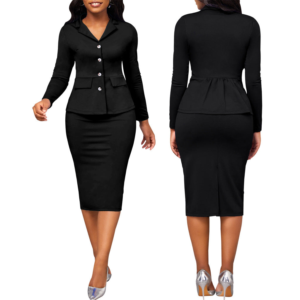BamBam Sexy And Fashionable Solid Color Long-Sleeved Career Women's Two-Piece Skirt Set - BamBam