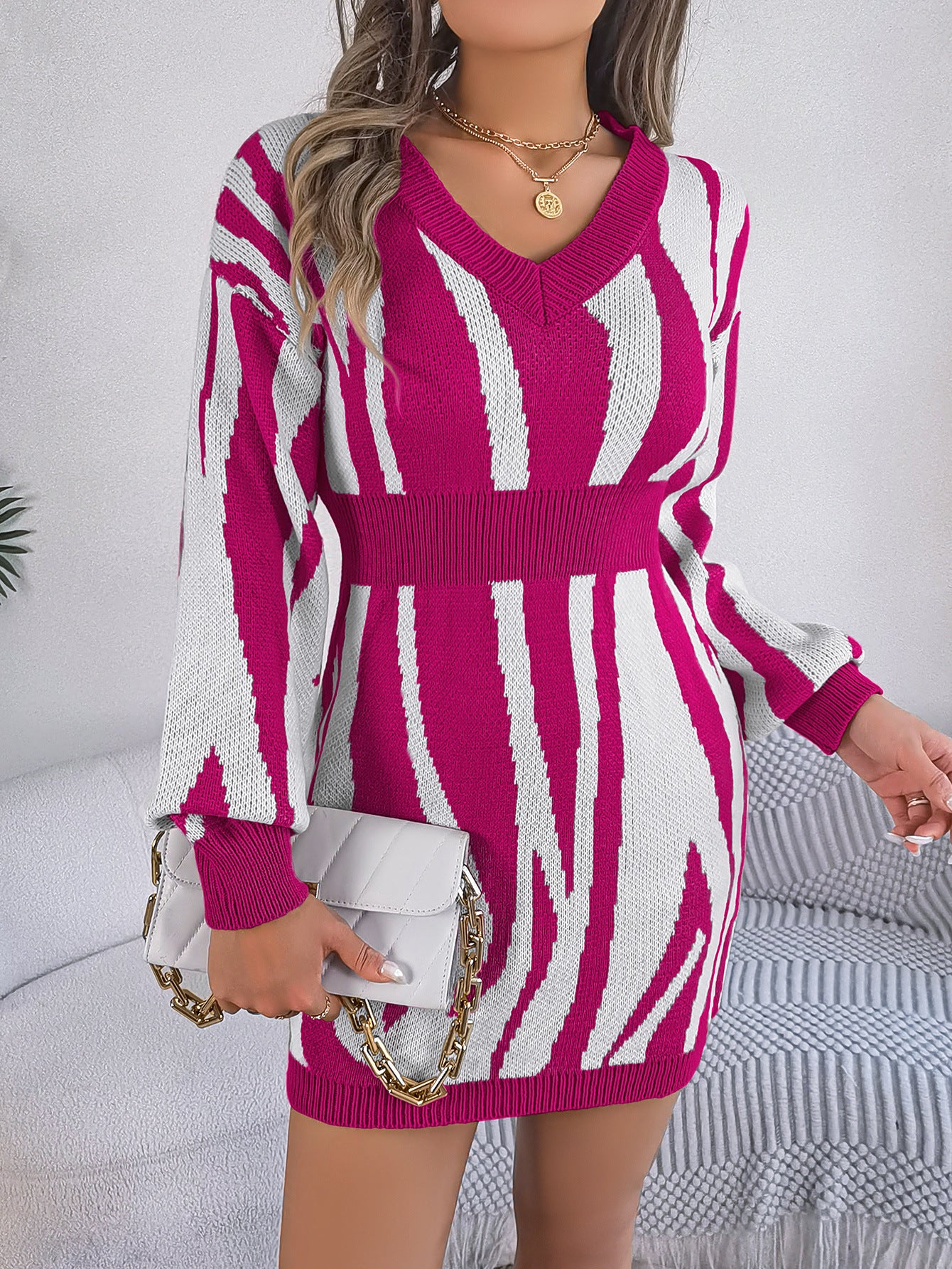 BamBam Women v-neck contrast zebra print long-sleeved Bodycon sweater dress - BamBam