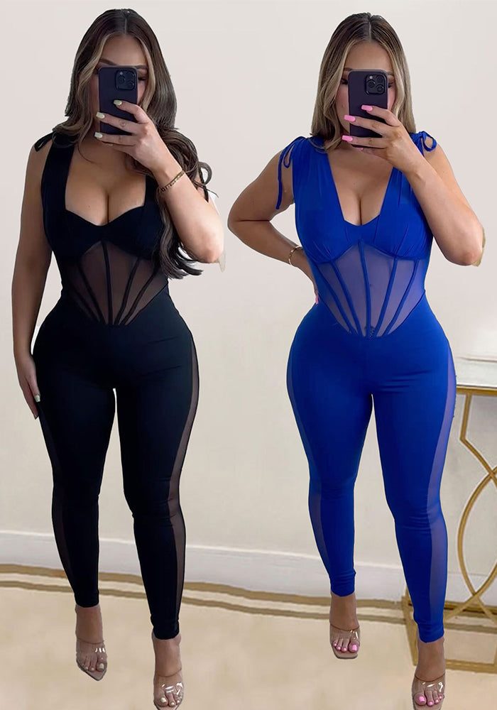 Sexy Solid See-Through Stretch Tight Fitting Bodycon Jumpsuit