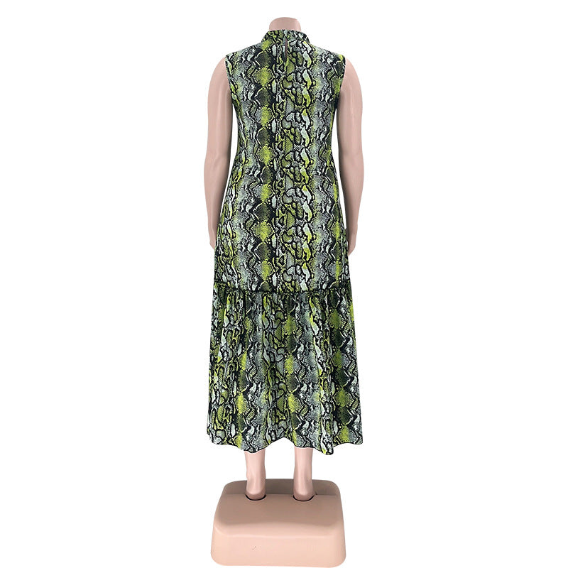 BamBam Summer Stand Collar Sleeveless Print Plus Size Women's Stylish Loose Long Dress - BamBam