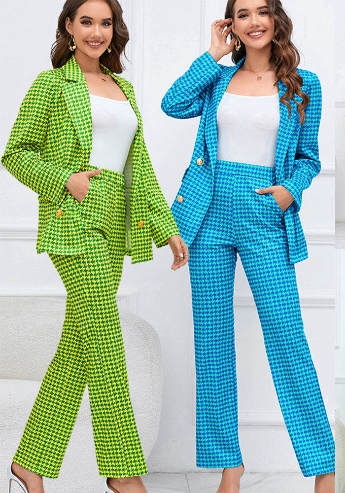 Women autumn and winter houndstooth double-breasted Blazer+ straight trousers two-piece set