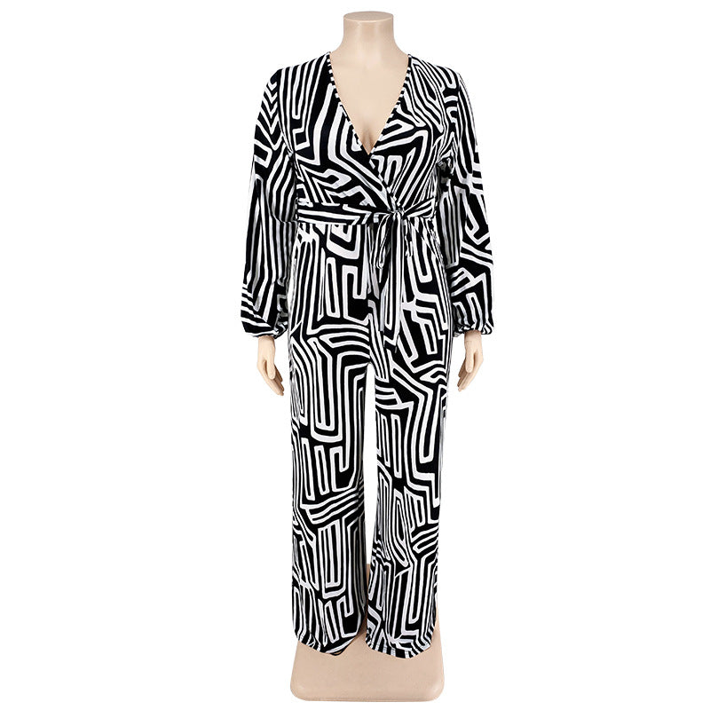 BamBam Plus Size Women'S Print Long Sleeve Wrap Wide Leg Jumpsuit - BamBam Clothing