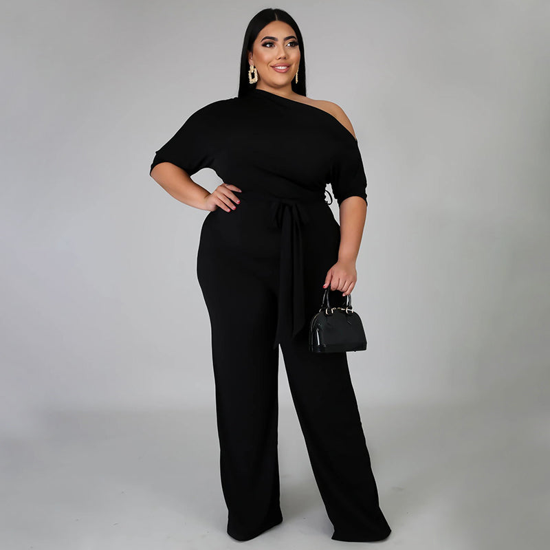 BamBam Plus Size Solid Plain Slash Shoulder Formal Jumpsuit - BamBam Clothing