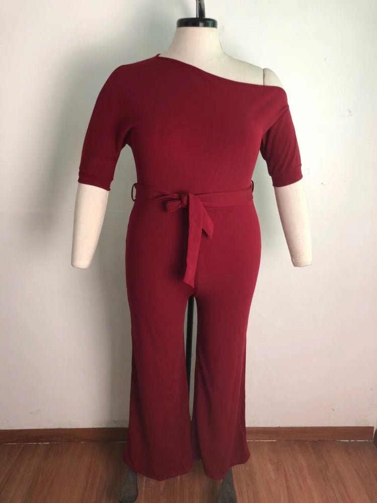 BamBam Summer Plus Size Burgunry Slash Shoulder Formal Jumpsuit - BamBam Clothing