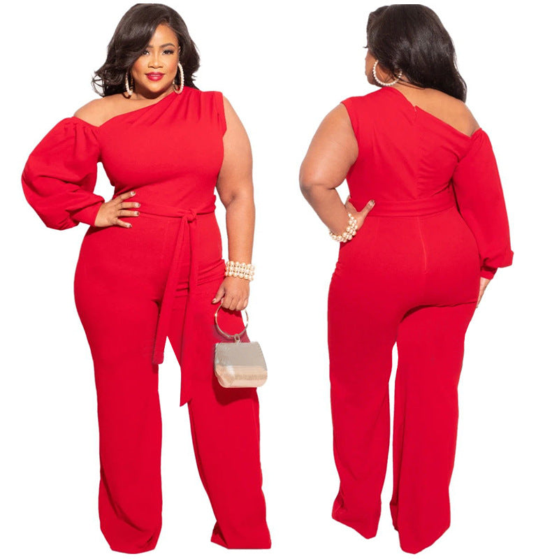 BamBam Fall Plus Size Women'S Slash Shoulder Single Sleeve Wide Leg Jumpsuit With Belt - BamBam Clothing