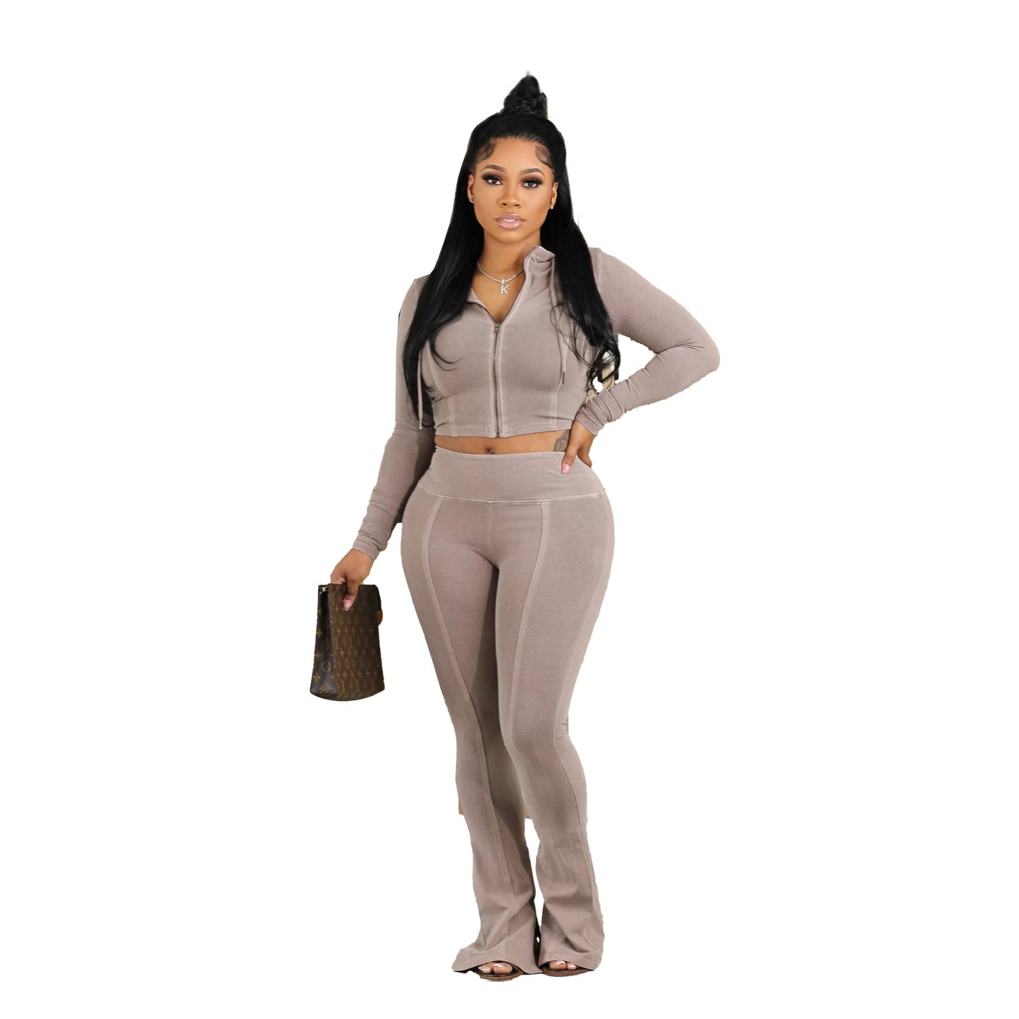 BamBam Sexy Solid Zipper Long Sleeve Crop Top Slim Pants Two Piece Club Suit - BamBam