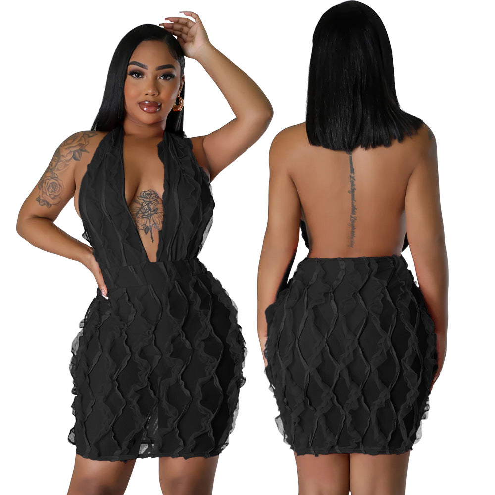 BamBam Women Clothing Wave Pattern Sexy V neck Halter Neck Bodycon Dress - BamBam Clothing