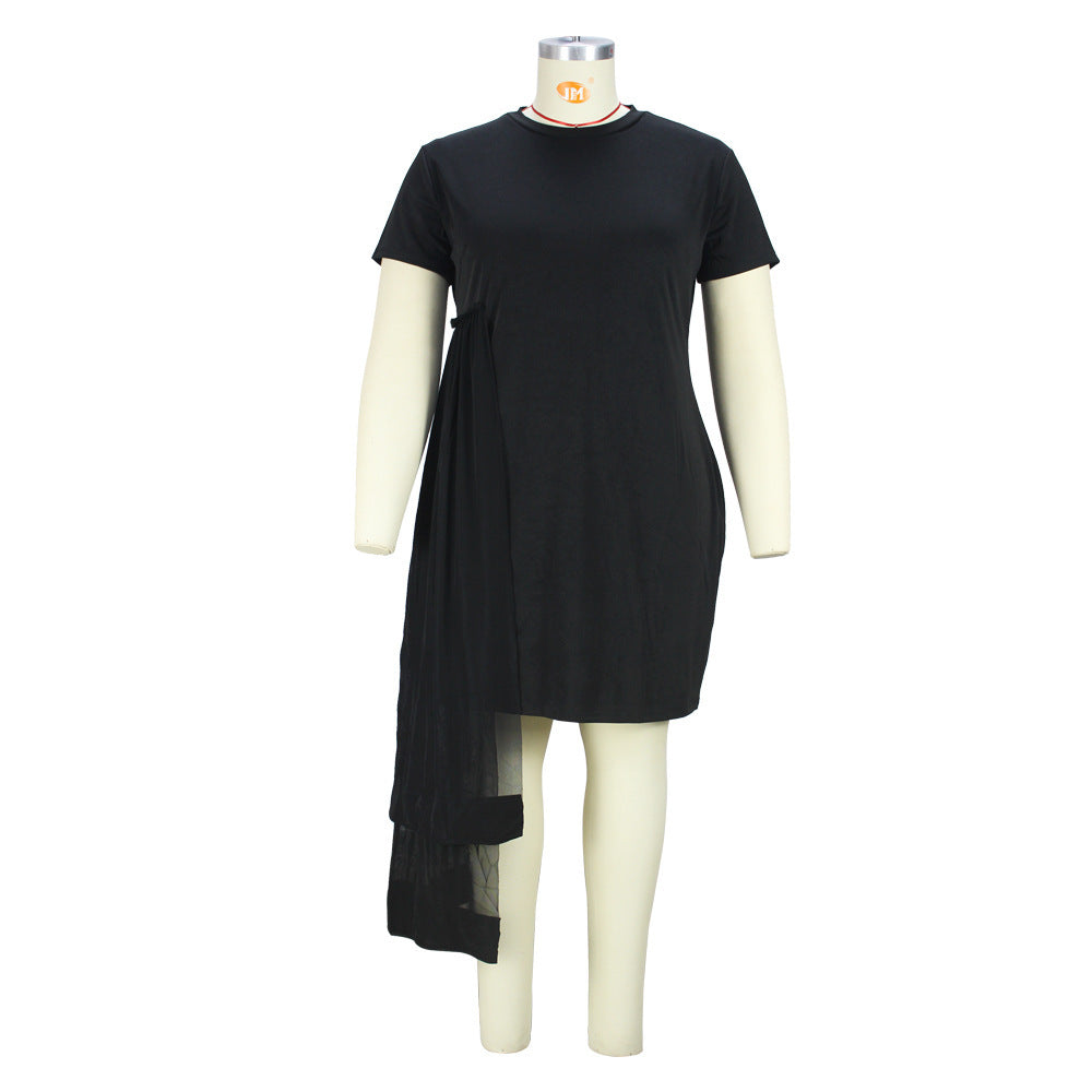 BamBam Round Neck Mesh Patchwork Plus Size Women's Short Sleeve Irregular See-Through Dress - BamBam Clothing