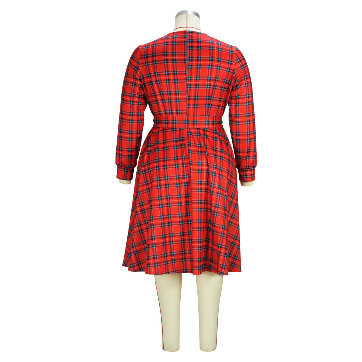 BamBam Elegant Women's Red Plaid Print Plus Size Dress Fashion Belt Midi Dress For Women - BamBam