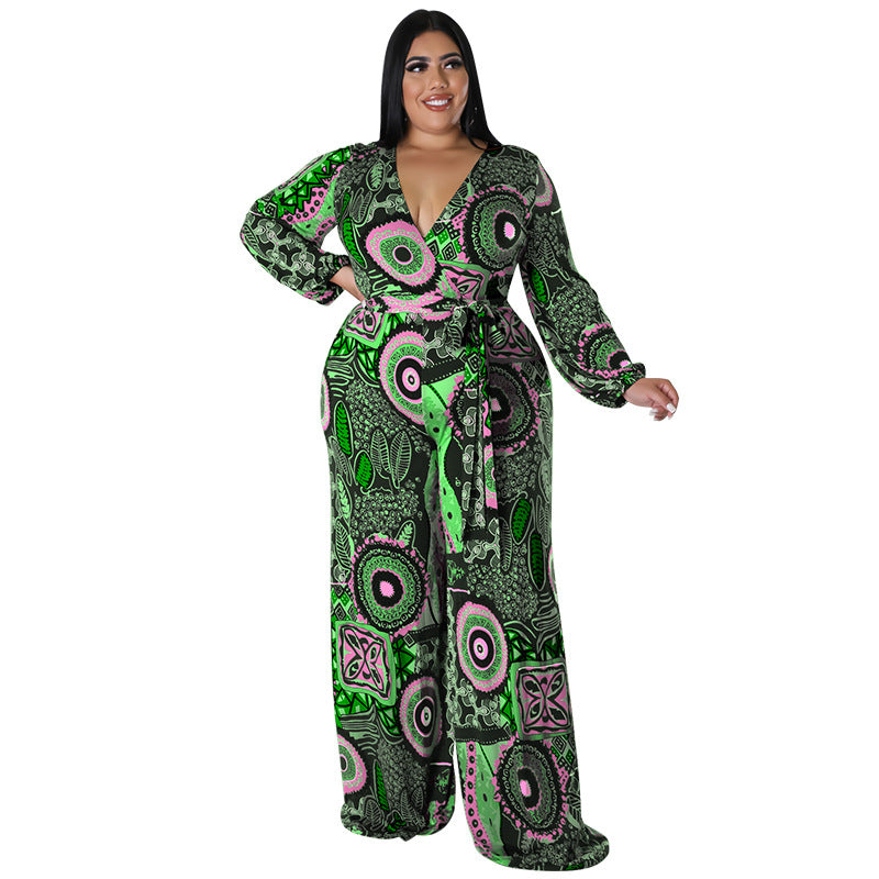 BamBam Plus Size Women Fall Print Long Sleeve Jumpsuit - BamBam Clothing