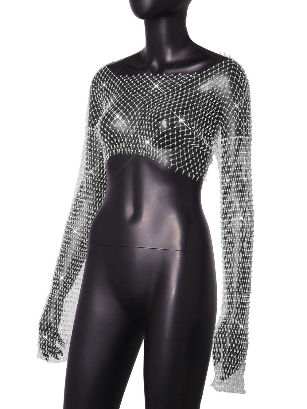 BamBam Women Sexy Hollow High Waist Bright Diamond Long Sleeve Fishnet Top - BamBam