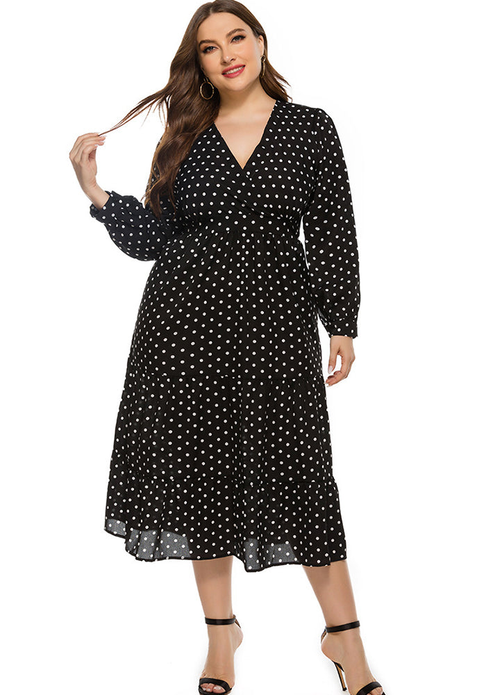 Autumn And Winter Women's Polka Dot Long Sleeve Plus Size Long Dress