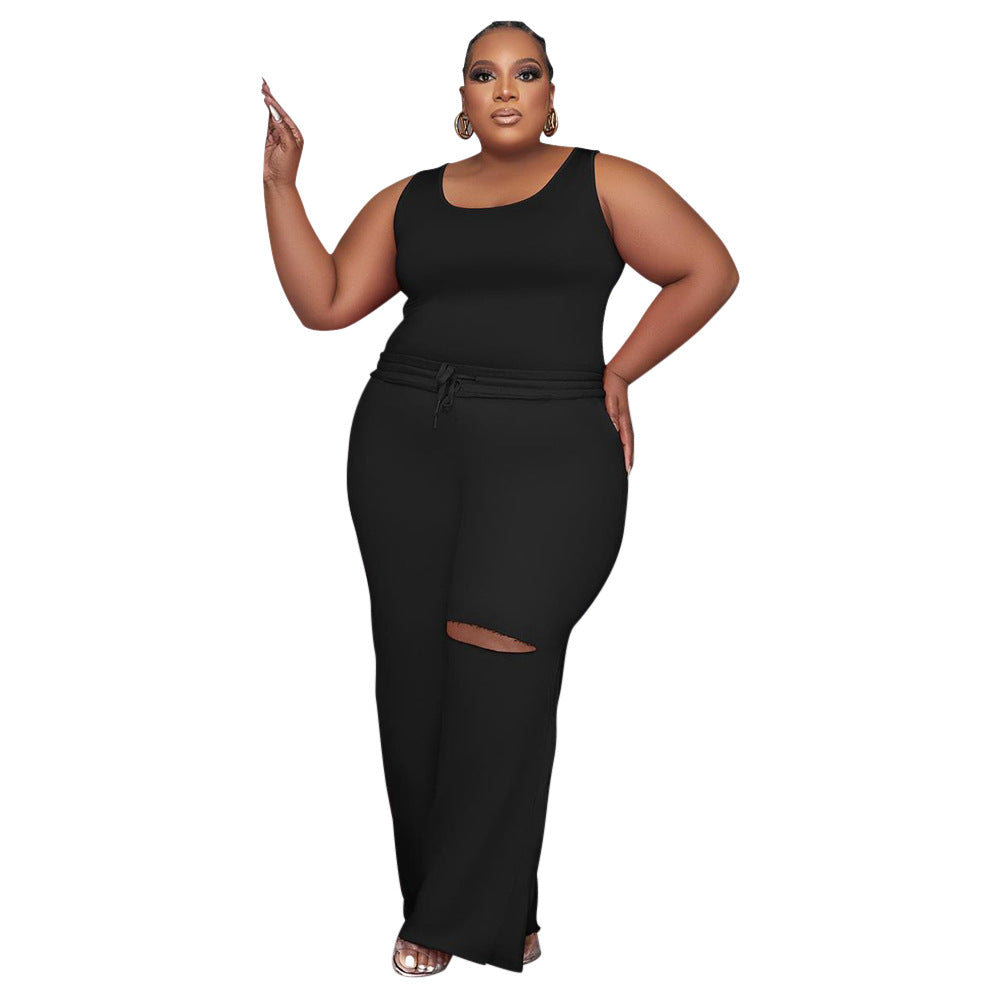 BamBam Plus Size Women Top and Ripped Wide Leg Pants Set of Two - BamBam