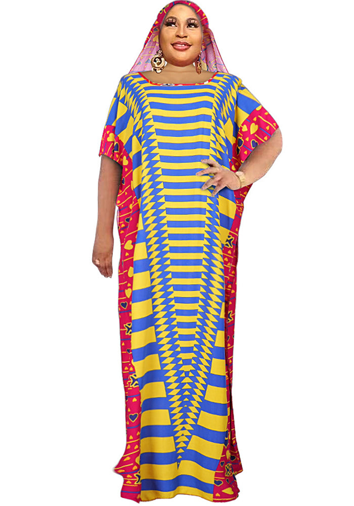 Plus Size Women Muslim African color contrast chiffon dress with hijab