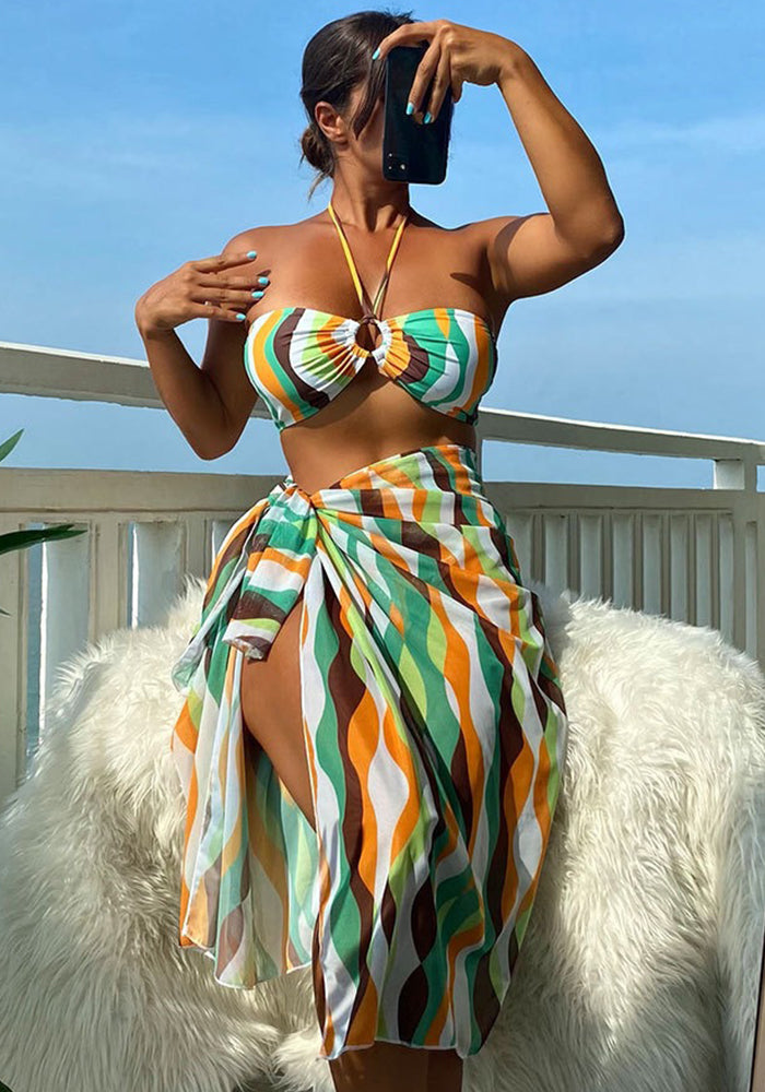 Two Pieces Tie Halter Neck Beach Bikini Open Maxi Skirt Three-Piece Set