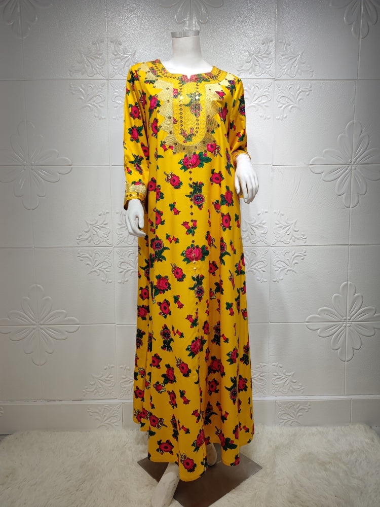BamBam Women Spring Yellow Arab Dubai Middle East Turkey Morocco Floral Print Islamic Clothing Kaftan Abaya Muslim Dress - BamBam