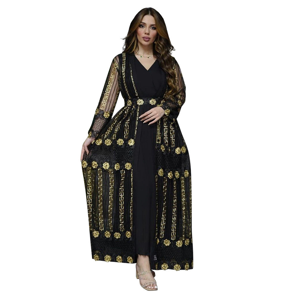 BamBam Embroidered mesh jacket with chiffon sundress suit kaftan dress - BamBam