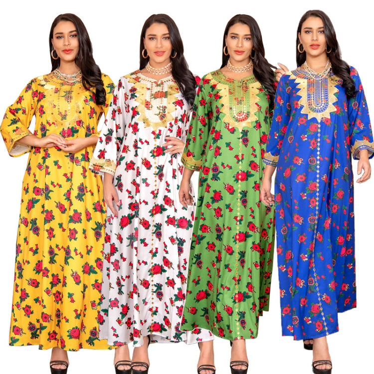 BamBam Women Spring Blue Arab Dubai Middle East Turkey Morocco Floral Print Islamic Clothing Kaftan Abaya Muslim Dress - BamBam