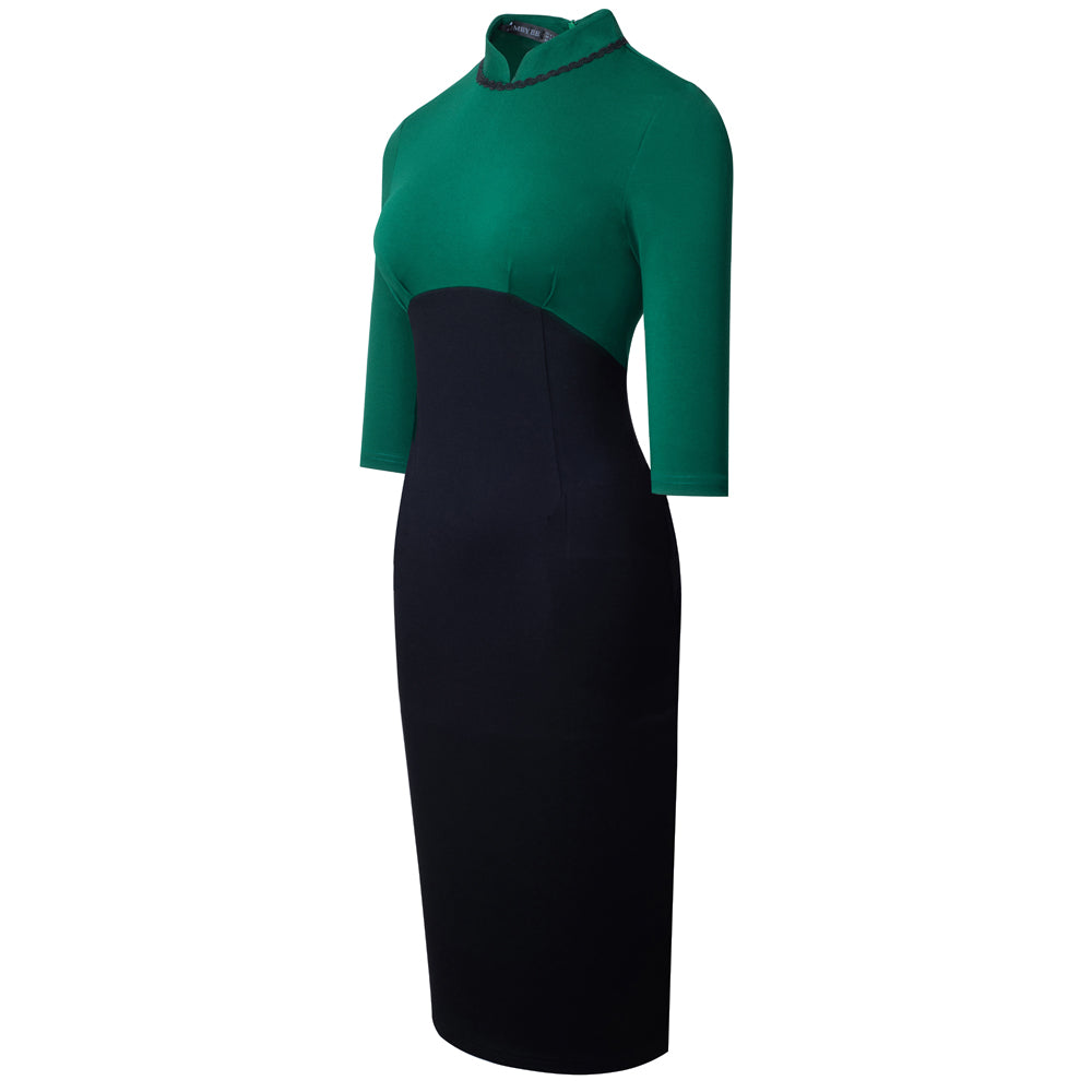 BamBam Women Elegant Round Neck Zip Colorblock Bodycon Dress - BamBam