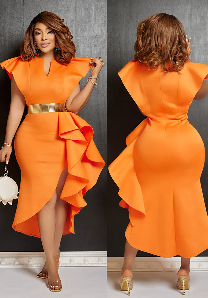 Fashion women's solid color belted ruffled irregular dress