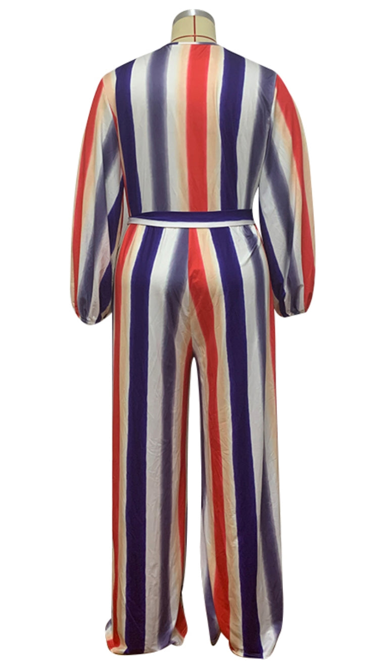 BamBam Autumn Plus Size Colorful Stripes V-Neck Jumpsuit with Belt - BamBam Clothing