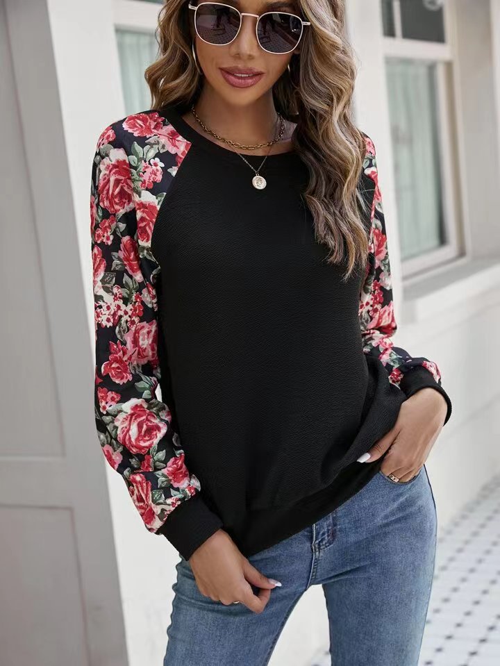 BamBam Autumn Printed Patchwork Fashionable And Versatile Casual Round Neck Long Sleeve T-Shirt Women's Clothing - BamBam