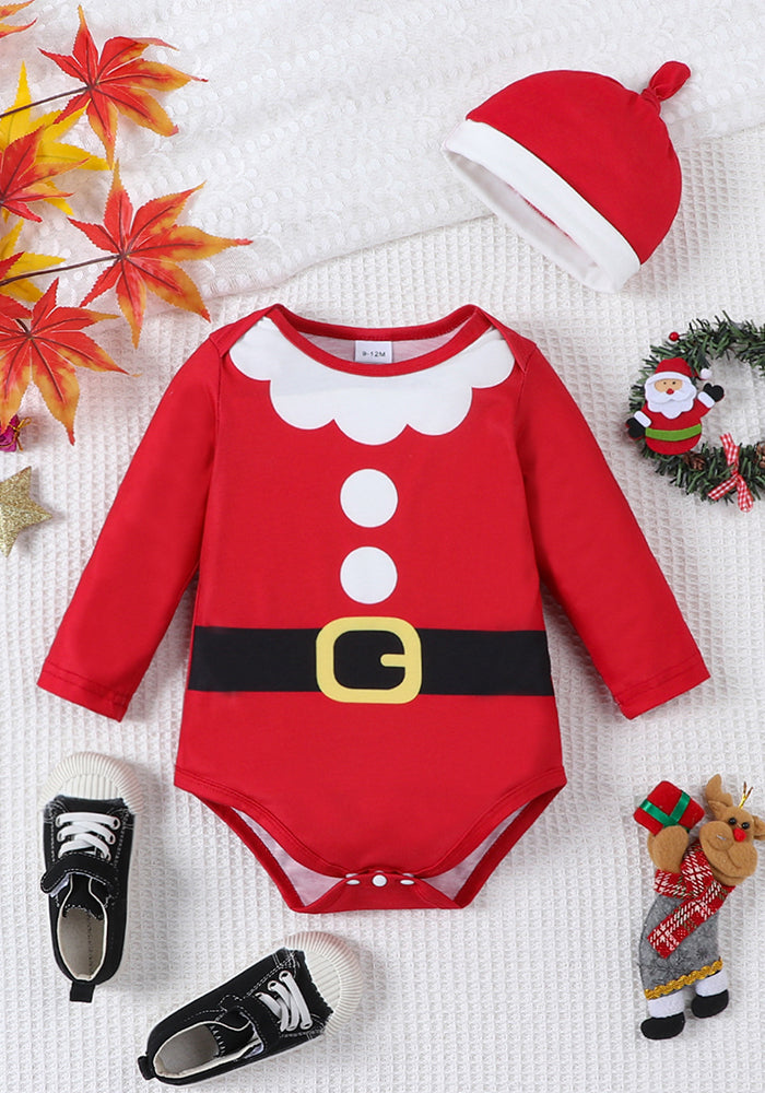 Christmas children Santa style fake belt beard long sleeves hooded Romper