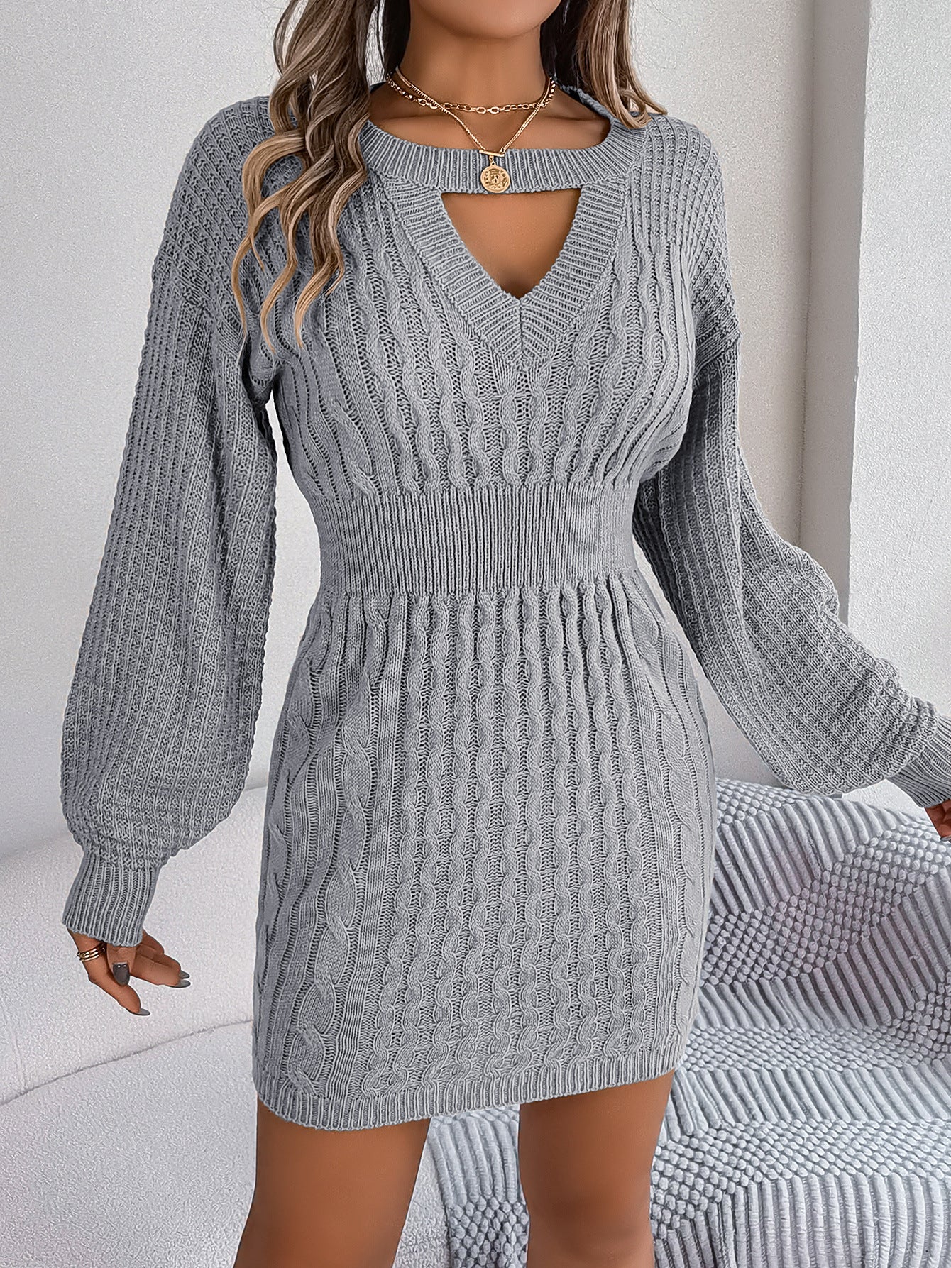 BamBam Autumn And Winter Solid Color Hollow Lantern Sleeve Bodycon Sweater Dress Women's Clothing - BamBam