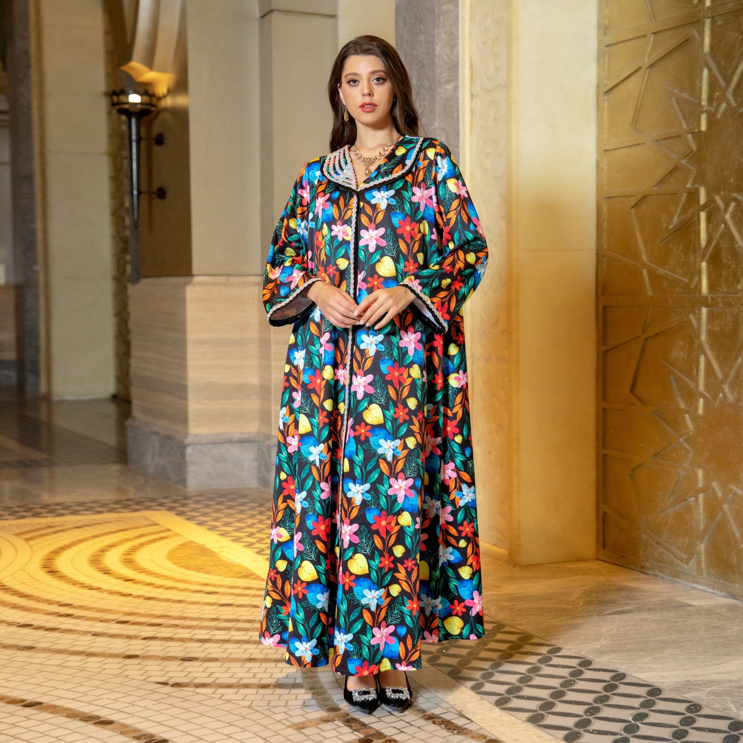 BamBam Long Sleeve Ladies Printed Beaded Robe Luxury Evening Dress Arabian Women's Clothing - BamBam