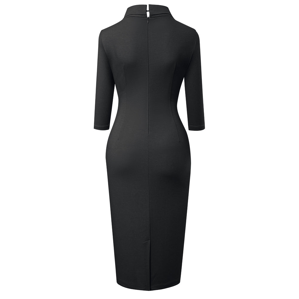 BamBam Chic Women's Mid Waist Patchwork Solid Color Half Turtleneck Bodycon Work Dress - BamBam