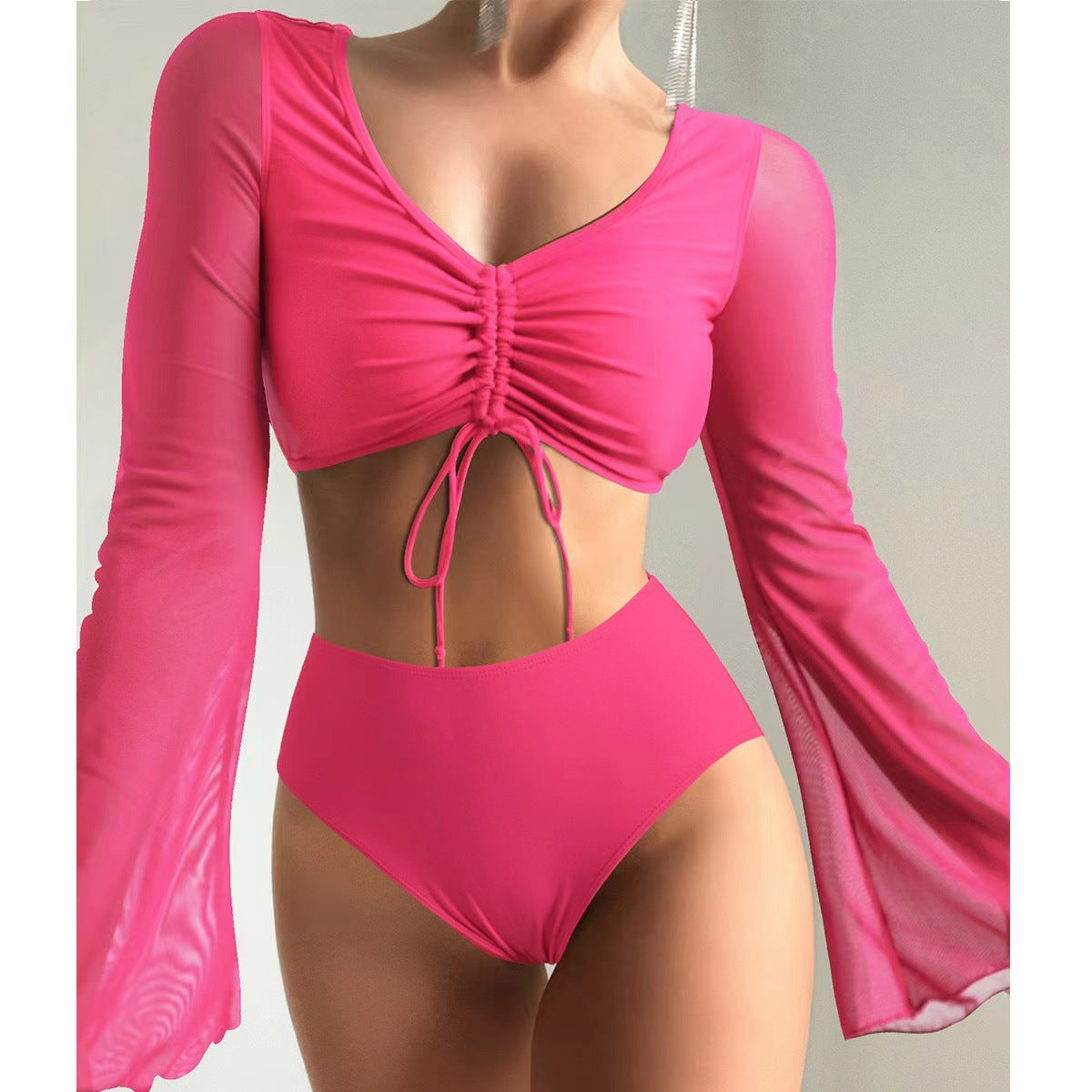 BamBam Two Pieces Plain High Waist Long Sleeve Swimsuit - BamBam