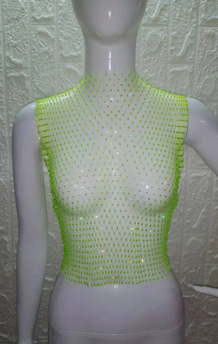 BamBam Summer Sexy Fishnet Beaded Club Crop Top - BamBam