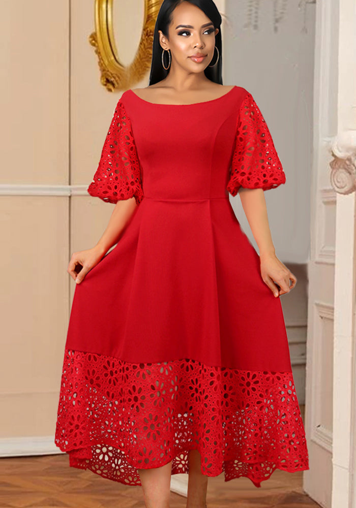 Women Summer Red Vintage O-Neck Short Sleeves Patchwork Lace Evening Dress