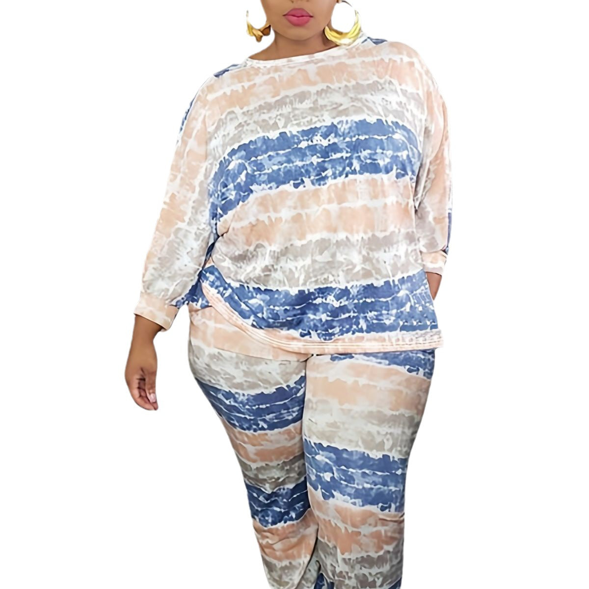 BamBam Plus Size Women Striped Print Long Sleeve Top and Pant Two-piece Set - BamBam