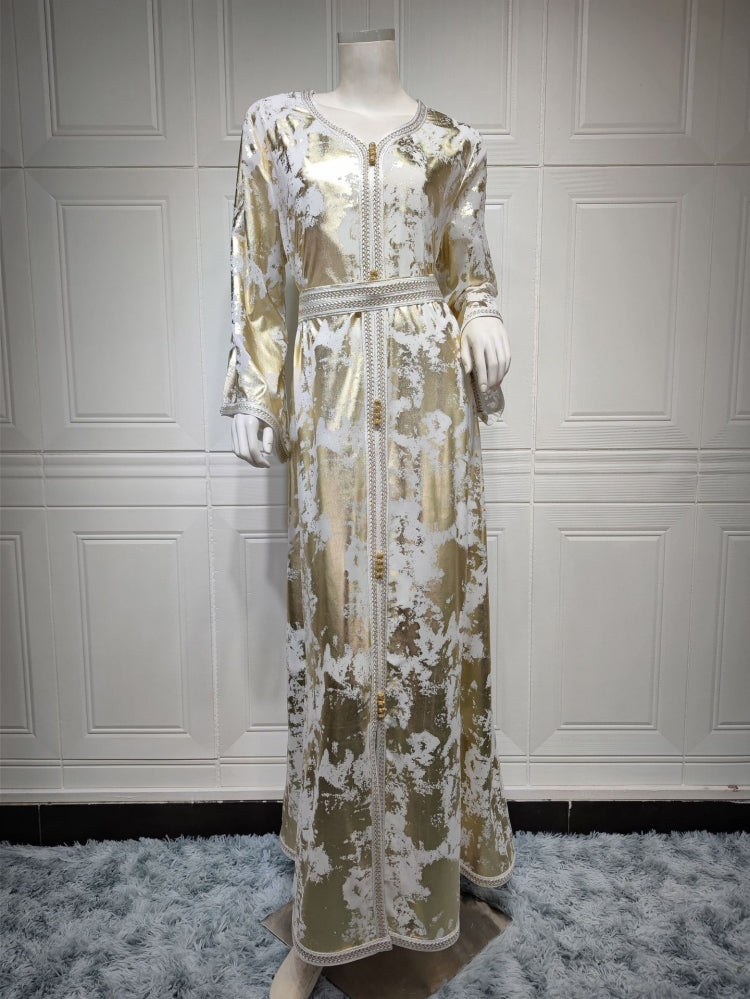 BamBam Spring Golden Printed White V-neck Long Middle East Dubai Muslim Dresses - BamBam