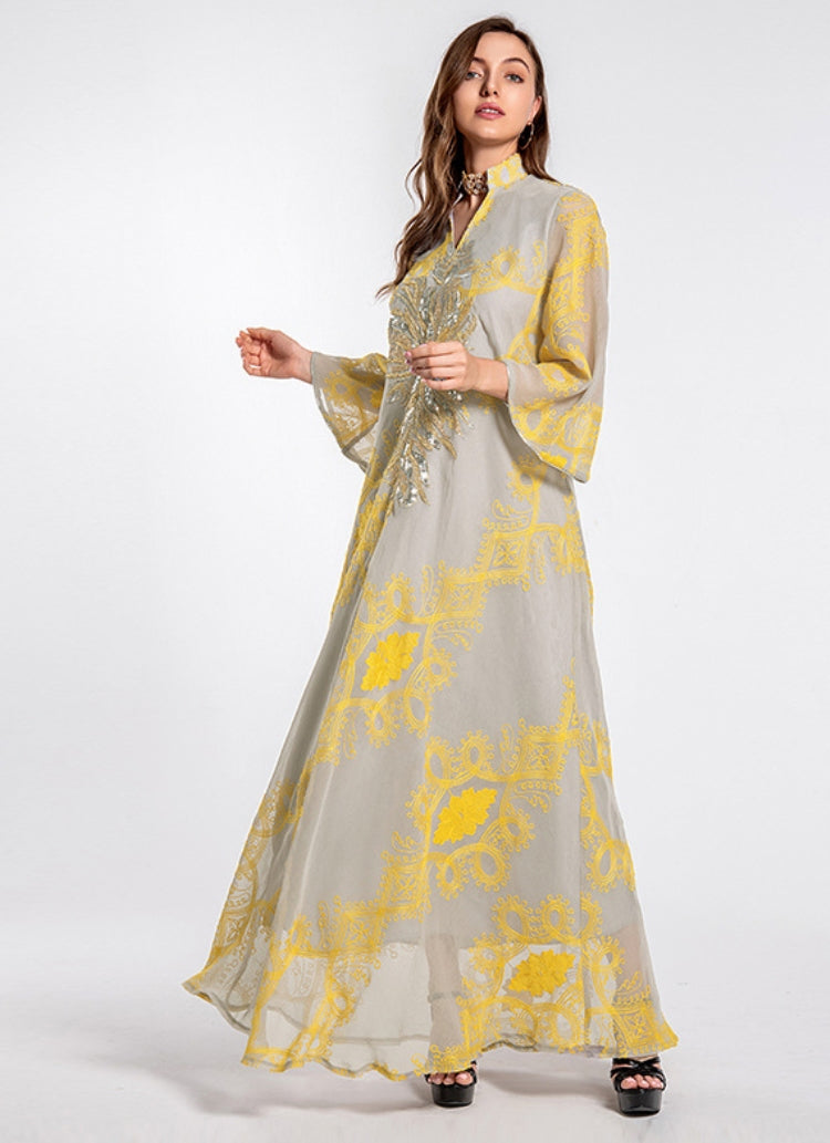 BamBam Women Spring Printed Embroidery Islamic Clothing Kaftan Abaya Muslim Dress - BamBam