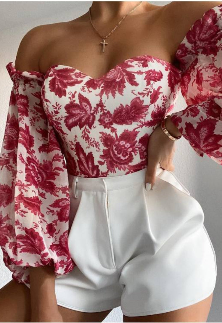 Autumn Print Holiday Puff Sleeve Sweetheart Crop Top