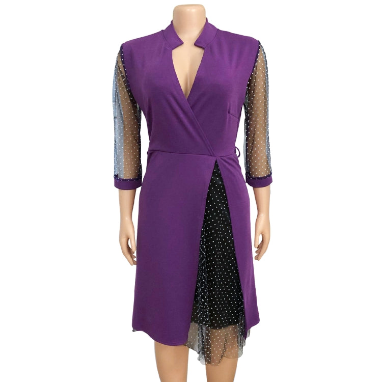 BamBam Autumn Plus Size Formal Mesh Patch Polka Dot Purple Knee-Length Office Dress - BamBam