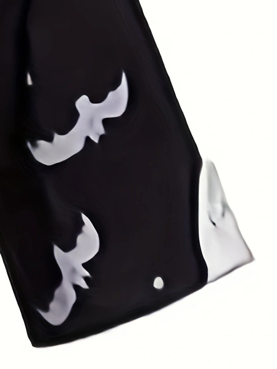 BamBam Halloween Witch Bat Print Short Sleeve Button Black And White Turndown Collar Retro A-Line Swing Dress - BamBam